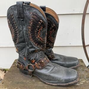 Corral Black Leather Eagle Overlay Harness Western Biker Boots A3614 Size 12D